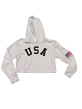 USA Cropped Hoodie in White with Flag Patch